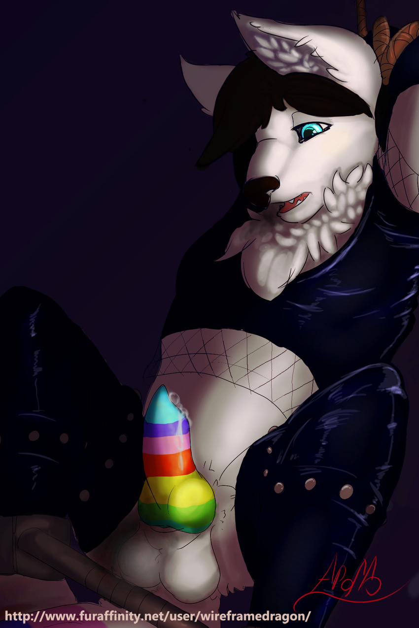 2017 anthro balls bdsm bondage bound canine clothed clothing cum digital_drawing_(artwork) digital_media_(artwork) dog erection fishnet fur hair male male/male mammal multicolored_penis open_mouth penis rainbow rainbow_penis rope rubber simple_background skittles solo white_balls wireframedragon