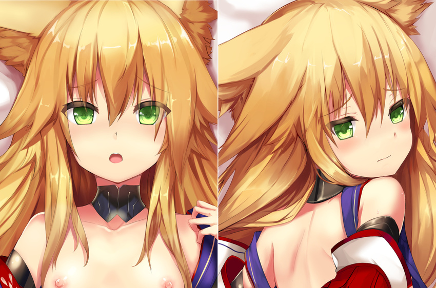 animal_ears backless_dress backless_outfit bare_shoulders blonde_hair blush breasts closed_mouth collar commentary_request cropped dakimakura detached_sleeves dress embarrassed eyebrows_visible_through_hair face fox_ears green_eyes haik hair_between_eyes kokonoe_tsubaki long_hair looking_at_viewer looking_back lying multiple_views nipples off_shoulder on_back on_bed on_stomach original parted_lips small_breasts