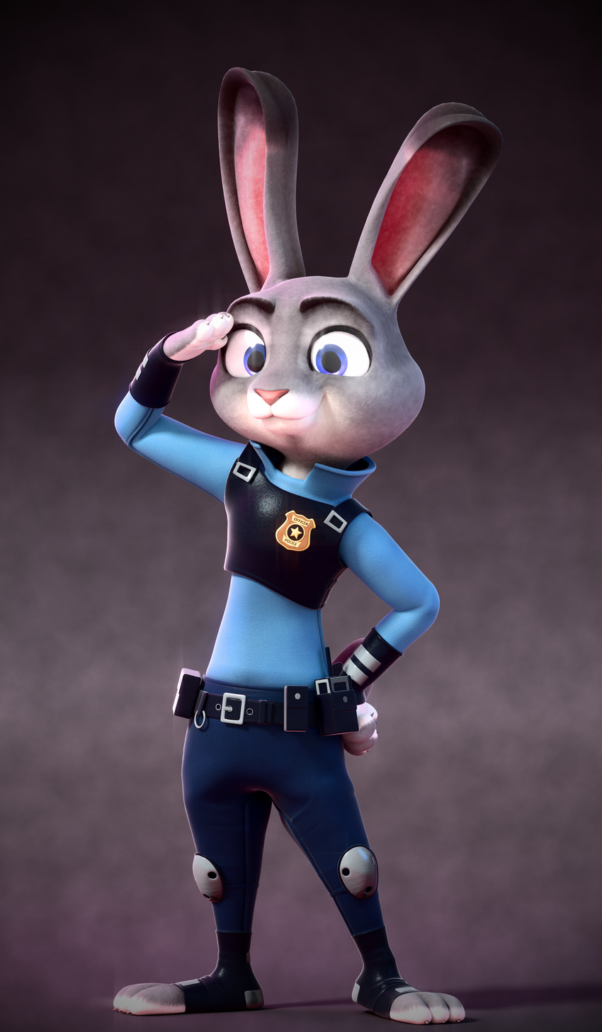 2016 3_toes 3d_(artwork) 4_fingers absurd_res anthro biped black_fur blue_eyes clothed clothing detailed digital_media_(artwork) dipstick_ears disney female front_view fur gesture grey_background grey_fur hand_on_hip hi_res judy_hopps lagomorph mammal multicolored_fur pants pink_nose police_uniform rabbit salute shadow shirt simple_background small_waist smashingrenders smile solo standing toeless_footwear toes uniform white_fur zootopia