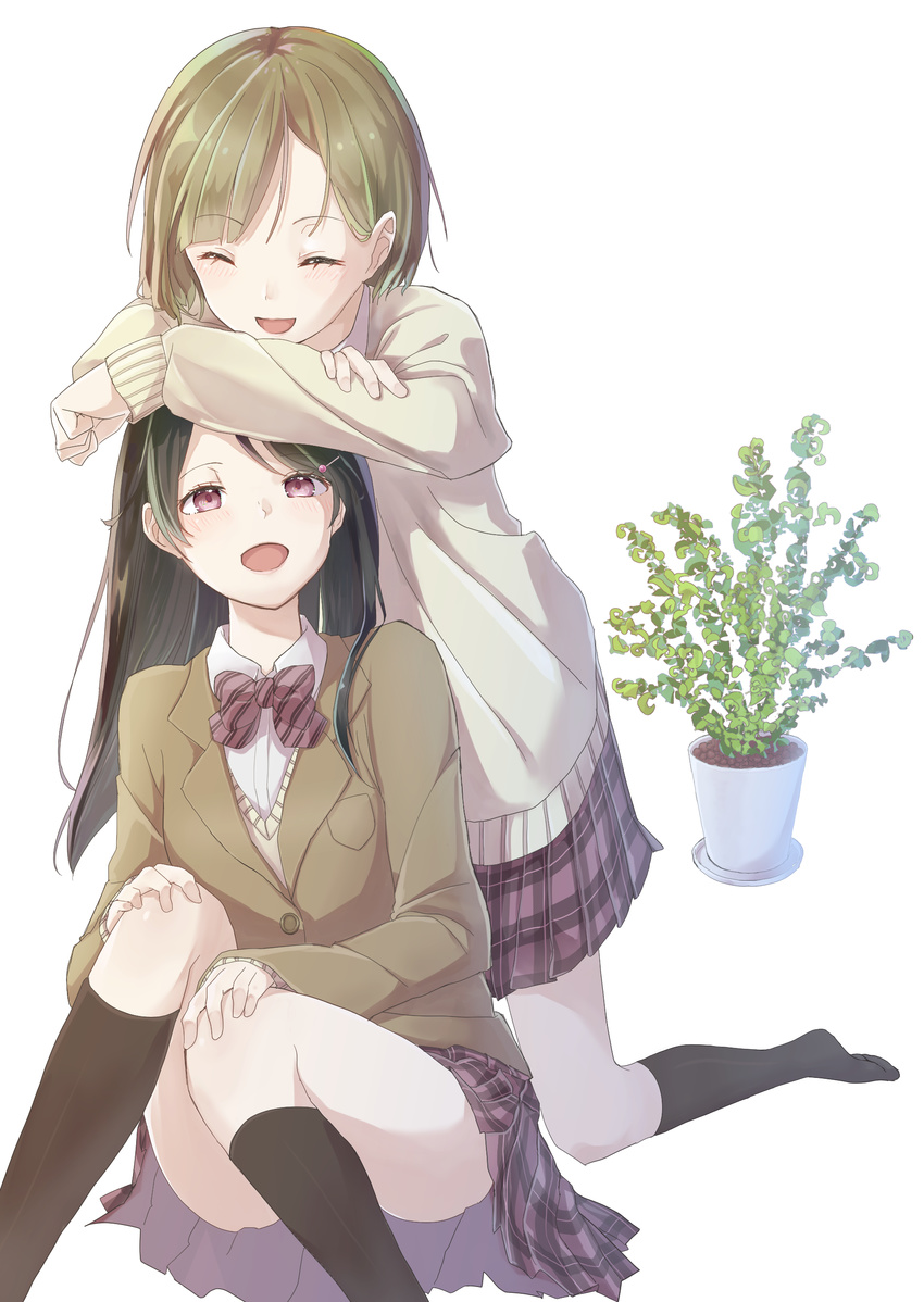:d absurdres arm_on_head black_hair black_legwear bow cardigan closed_eyes commentary_request eyebrows_visible_through_hair hair_ornament hairpin highres kneehighs kneeling light_brown_hair long_hair multiple_girls open_mouth plant potted_plant red_eyes school_uniform short_hair simple_background sitting skirt smile thighhighs white_background yuri yuzouni