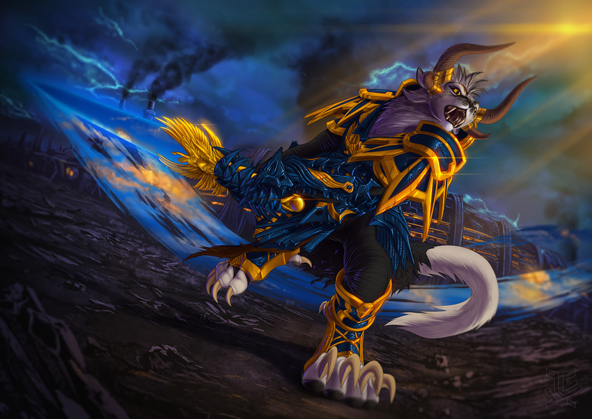 4_toes anthro charr day detailed_background digital_media_(artwork) feline guild_wars holding_object holding_weapon horn jackrow mammal melee_weapon open_mouth outside sky solo sword teeth toes tongue video_games weapon yellow_eyes