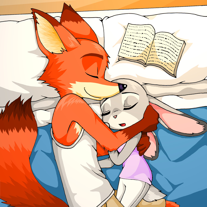 2017 anthro bed bedding blanket book canine clothed clothing cuddling dipstick_ears dipstick_tail disney duo eyes_closed female fox fur grey_fur hi_res judy_hopps lagomorph male mammal multicolored_tail nick_wilde open_mouth orange_fur peanut.k pillow pink_nose rabbit shirt sleeping small_tail smile tank_top zootopia