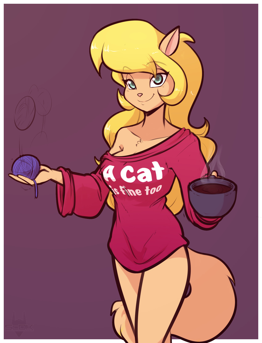 2017 anthro ball_of_yarn bare_shoulder beverage blonde_hair blue_eyes callie_briggs cat clothed clothing coffee english_text feline female hair hi_res long_hair looking_at_viewer mammal off_shoulder scorpdk simple_background smile solo swat_kats text yarn