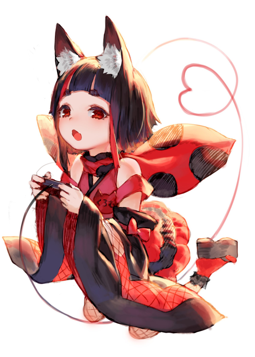 1girl animal_ear_fluff animal_ears bangs bare_shoulders black_footwear black_hair blunt_bangs character_name commentary_request controller fang fox_ears game_controller gamepad heart heart_of_string highres holding inari_kuromu izumi_sai japanese_clothes kimono kuromu_channel long_sleeves looking_at_viewer multicolored_hair name_tag obi open_mouth platform_footwear red_eyes red_legwear sash short_eyebrows short_hair sidelocks simple_background socks solo streaked_hair white_background wide_sleeves