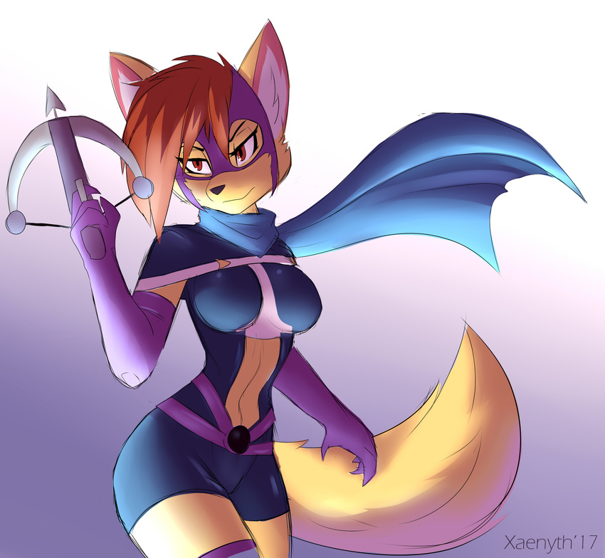 anthro belt canine cape clothed clothing crossbow female fur hair kat_kashi mammal mask ranged_weapon scarf solo superhero weapon wide_hips xaenyth