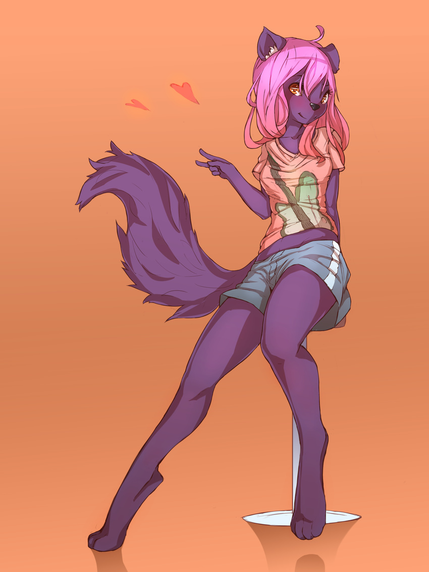 anthro barefoot canine clothed clothing digitigrade female fluffy fluffy_tail fruitbloodmilkshake fur hair hi_res mammal orange_eyes pink_hair purple_fur simple_background smile solo