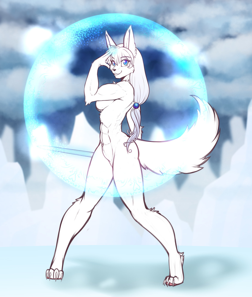 2017 abs anthro biceps black_nose blue_eyes breasts bubble canine claws cloud convenient_censorship day ear_tuft female flexing fur hair hi_res holding_object holding_weapon ice long_hair looking_at_viewer magic mammal melee_weapon muscular muscular_female nude outside ponytail pose scorpdk shadow smile solo standing sun sword teeth tuft weapon white_fur white_hair white_tail wolf