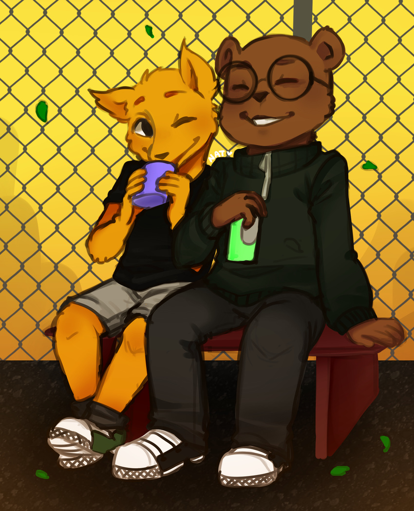 angus_(nitw) bear bench beverage beverage_can canine chain chain-link_fence clothed clothing eyebrows eyewear fox fully_clothed fur glasses gregg_(nitw) happy hi-top holding_object invalid_tag jacket leaves legwear mammal monochromewasteland_(artist) night_in_the_woods one_eye_closed orange_fur outside pants shirt shorts sitting smile sneakers socks soda soles t-shirt tan_fur teeth yellow_fur zipper