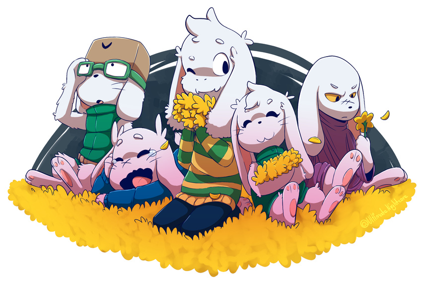 anthro asriel_dreemurr boss_monster caprine cave_story crossover eyewear flower glasses goat group jack_(cave_story) king_(cave_story) lagomorph mammal mimiga paws petals plant simple_background stripes sue_sakamoto toroko ultimatenightcore undertale video_games white_background