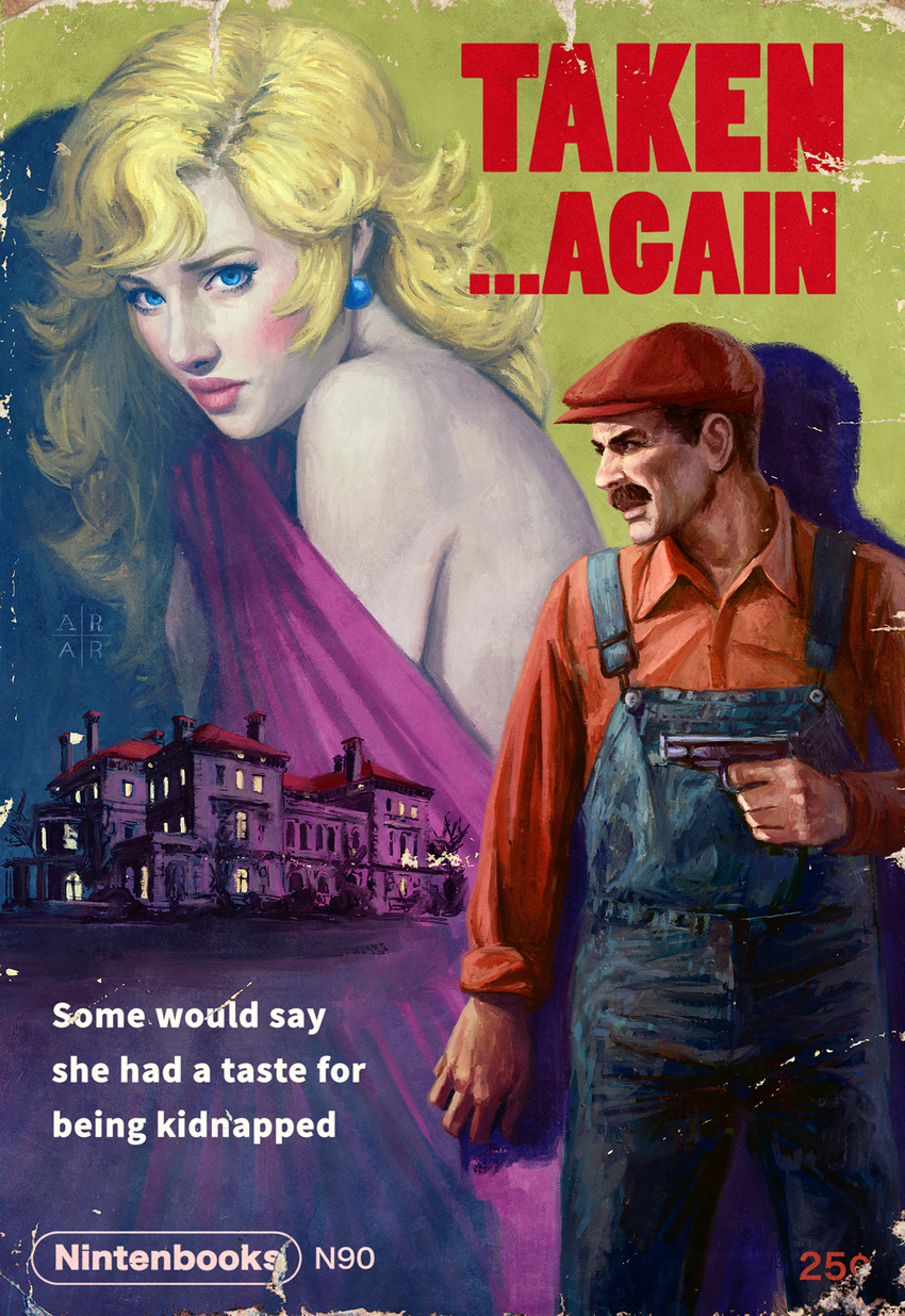 1girl 40s 50s astor_alexander blonde_hair blue_eyes brown_hair commentary cover damaged derivative_work earrings english facial_hair fake_cover gun handgun hat highres jewelry lips long_hair mansion mario mario_(series) md5_mismatch mustache oldschool overalls parody princess_peach projected_inset realistic style_parody super_mario_bros. weapon