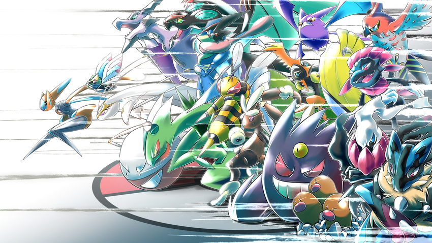 antennae blue_eyes crobat crossed_arms darkrai deoxys dugtrio electrode flying from_side gen_1_pokemon gen_2_pokemon gen_3_pokemon gen_4_pokemon gen_6_pokemon gen_7_pokemon gengar gradient gradient_background greninja grin highres legendary_pokemon lucario mega_gengar mega_lopunny mega_lucario mega_pokemon mega_sceptile ninjask noivern open_mouth pheromosa pink_eyes poke_ball pokemon pokemon_(creature) red_eyes rock sceptile sharp_teeth shiitake_taishi shiny smile speed_lines spikes talonflame teeth third_eye v-shaped_eyebrows weavile white_background yellow_eyes