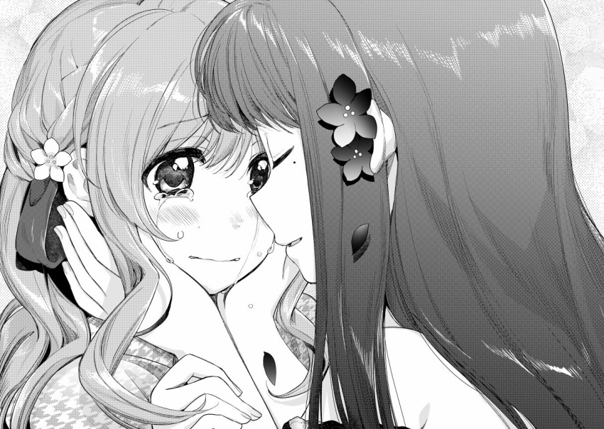 bangs blush closed_mouth commentary_request copyright_request couple crying crying_with_eyes_open eyes_closed face-to-face female flower greyscale hair_flower hair_ornament hands_on_another's_face hands_on_another's_face highres imminent_kiss kawai_makoto long_hair looking_at_another mole mole_under_eye monochrome multiple_girls open_mouth smile tears upper_body yuri