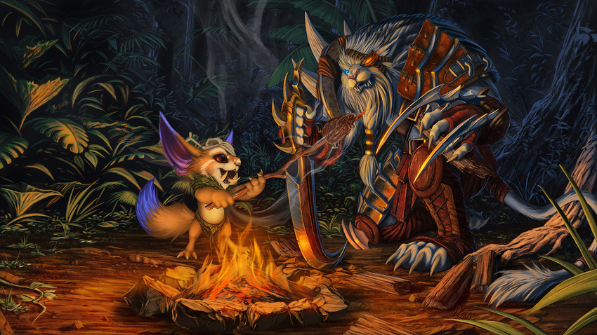 4_toes anthro armor blue_eyes claws detailed_background digital_media_(artwork) duo fire gnar_(lol) jackrow league_of_legends male melee_weapon night outside rengar_(lol) riot_games smile standing sword toes video_games weapon