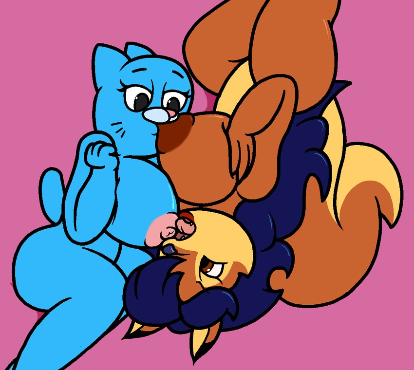 2017 anthro areola big_breasts blue_fur blue_hair breast_suck breasts canine carmelita_fox cartoon_network cat digital_media_(artwork) duo feline female female/female fox fur hair huge_breasts licking mammal mr.under nicole_watterson nipples simple_background sly_cooper_(series) sucking the_amazing_world_of_gumball tongue tongue_out video_games