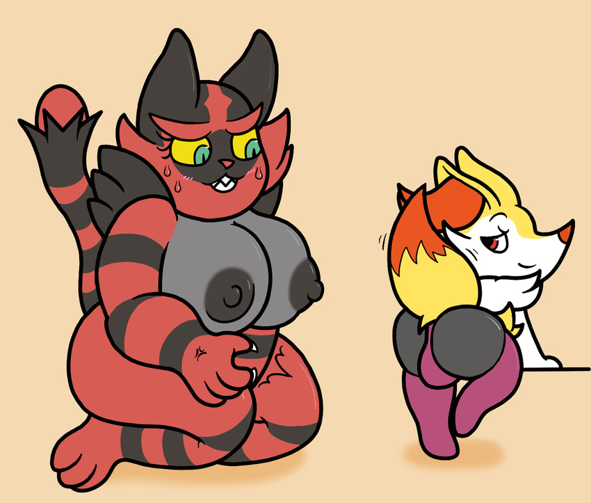 2017 anthro areola big_breasts black_fur blush braixen breasts bulge butt canine clothing digital_media_(artwork) duo eyelashes feline female fur girly green_eyes incineroar inner_ear_fluff legwear mammal mr.under nintendo nipples pok&eacute;mon presenting presenting_hindquarters red_eyes red_fur red_nose simple_background stockings sweat teeth video_games white_fur yellow_fur yellow_sclera