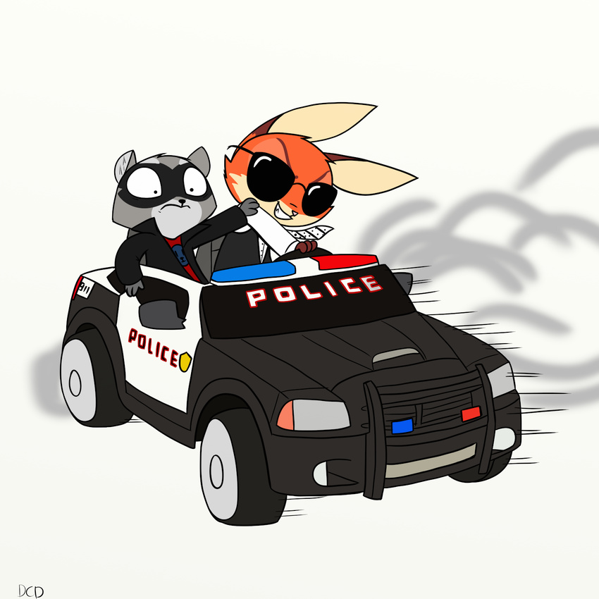 2017 anthro canine car clothed clothing cooper_(zootopia) disney drifting duo eyewear female fox fur hi_res hybrid lagomorph mammal police_car rabbit raccoon simple_background skeletonguys-and-ragdolls sunglasses vehicle violet_(zootopia) zootopia