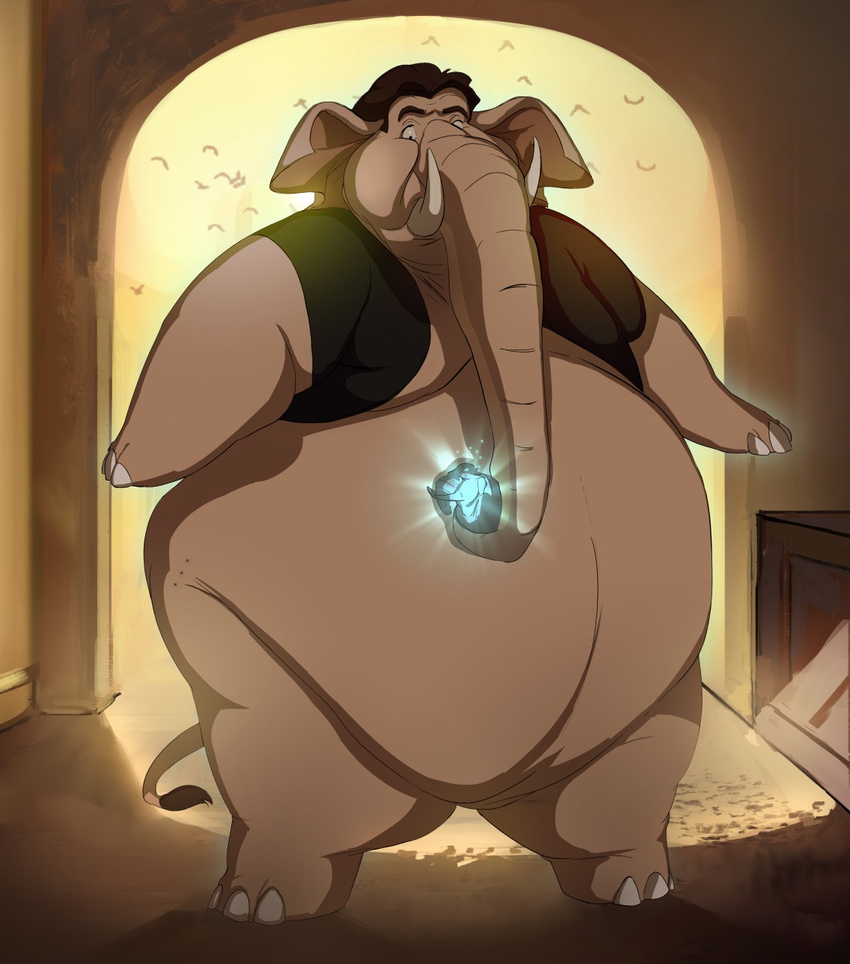 anthro avian bird bottomless clothed clothing ed_shapeshifter elephant magic mammal obese overweight post_transformation prehensile_(disambiguation) ruins trunk tusks