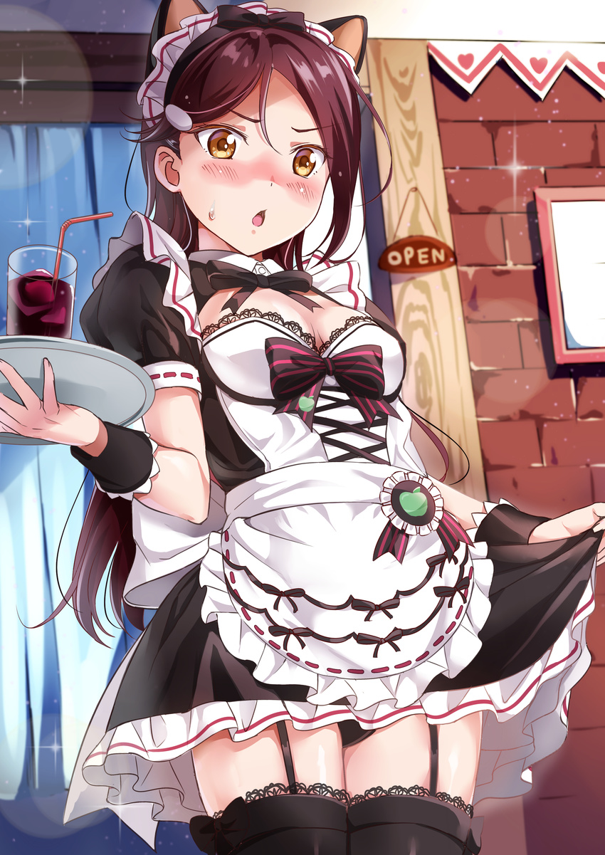 absurdres animal_ears apron black_bow black_legwear black_panties blush bow breasts brick_wall brown_eyes cat_ears chestnut_mouth drink drinking_straw english eyebrows_visible_through_hair frilled_apron frills garter_straps hair_between_eyes head_tilt headdress highres lace lace-trimmed_thighhighs lens_flare long_hair love_live! love_live!_sunshine!! medium_breasts nose_blush open_mouth open_sign panties pantyshot pantyshot_(standing) puffy_short_sleeves puffy_sleeves ribbon-trimmed_sleeves ribbon_trim sakurauchi_riko short_sleeves sign skirt skirt_lift solo sparkle standing striped striped_bow thighhighs tipii tray underwear very_long_hair waist_apron waitress wrist_cuffs