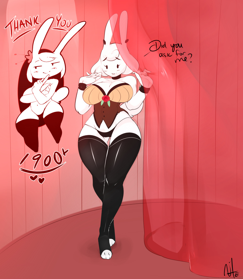 anthro blush breasts clothed clothing corset english_text female fur hi_res lagomorph lingerie mammal nite rabbit rubber smile solo standing text underwear wide_hips