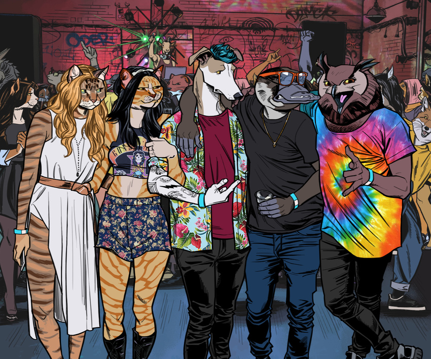 anthro avian billmund bird canine cat clothed clothing crossed_legs dog eyewear feline female fox glare glasses graffiti group holding_object looking_at_viewer male mammal monotreme mustelid open_mouth open_smile otter owl platypus rave shirt smile standing t-shirt tattoo