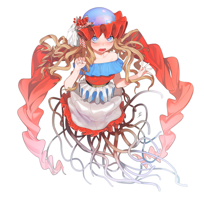 absurdres bare_shoulders belt blue_eyes blush breasts brown_hair hat highres jellyfish legless long_hair looking_at_viewer monster ohisashiburi open_mouth original red_shirt shirt skirt small_breasts solo tentacles transparent_background