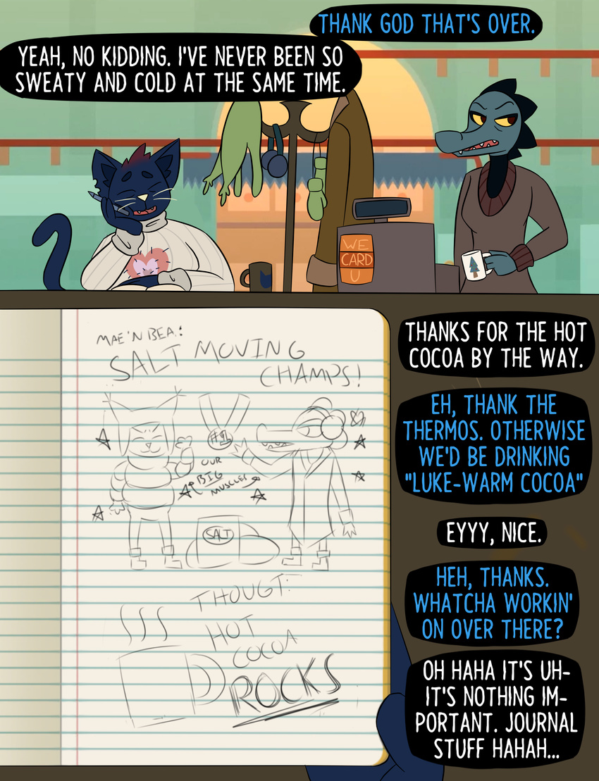 &lt;3 2017 alligator anthro bea_(nitw) black_fur boots cash_register cat clothing coat crocodilian cup dialogue drawers drawings ear_muffs english_text exhausted fangs feline footwear fur gloves happy hat humor jacket journal mae_(nitw) mammal medal mittens night_in_the_woods paws pen reptile sack salt sarcasticcartoonist_(artist) saw scalie shelf shelves sketch smile speech_bubble sweater tails_(disambiguation) teeth text tongue tools trenchcoat winter