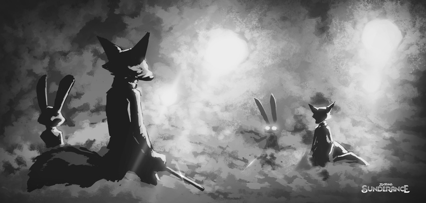 2017 anthro baton canine clothed clothing disney female fox glowing glowing_eyes greyscale group holding_object holding_weapon jack_savage judy_hopps lagomorph male mammal melee_weapon monochrome nick_wilde rabbit smoke standing sword thewyvernsweaver weapon zootopia