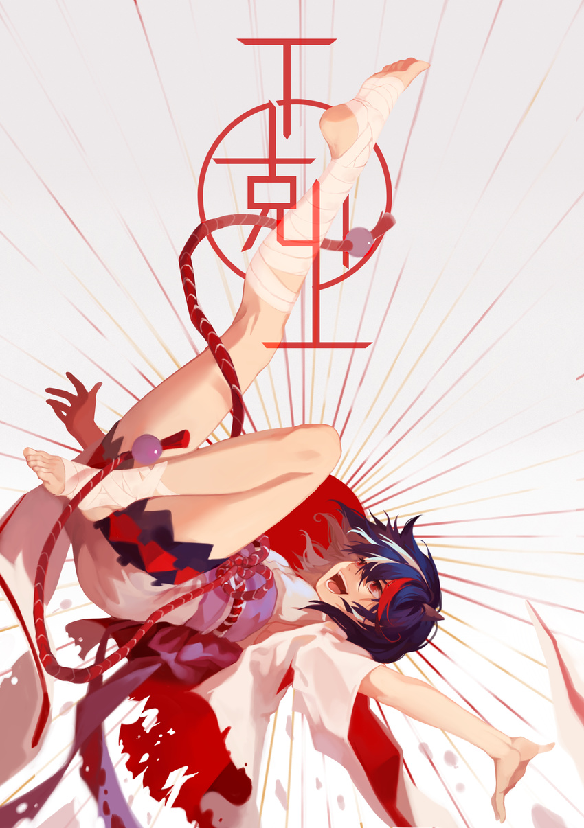 :d absurdres ball bandaged_feet bandaged_leg bandages bangs black_hair bow breasts falling feet floating_hair full_body grey_background hair_between_eyes harrymiao highres horns jumping kijin_seija kouhaku_nawa leg_up multicolored_hair obi open_mouth outstretched_arms outstretched_hand purple_bow red_eyes red_hair rising_sun rope sash short_hair small_breasts smile soles solo spread_arms streaked_hair sunburst teeth toeless_legwear tongue torn_clothes touhou upside-down white_hair wide_sleeves