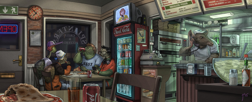 anthro april_o'neil bottle bowl cafe cash_register chair clothed clothing donatello_(tmnt) door drinking food group headphones inside joel_edlund leonardo_(tmnt) mammal michelangelo_(tmnt) phone pizza raphael_(tmnt) rat reptile rodent scalie sitting splinter teenage_mutant_ninja_turtles television turtle window