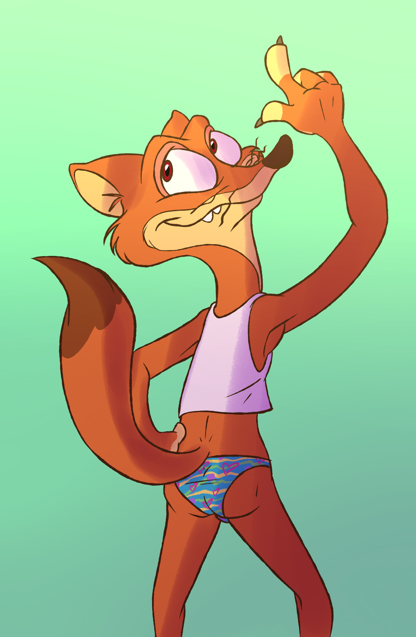 anthro butt clothed clothing crossdressing disney duke_weaselton from_behind_(disambiguation) hi_res ladysomnambule looking_back male mammal mustelid panties partially_clothed shirt skinny solo tank_top underwear weasel zootopia