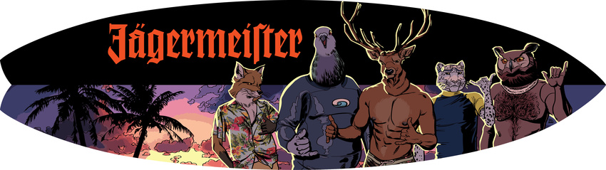 absurd_res alcohol anthro antlers avian belly beverage big_belly billmund bird canine cervine clothed clothing deer feline fox group hi_res horn j&auml;germeister looking_at_viewer male mammal owl pigeon shaka simple_background smile standing topless white_background