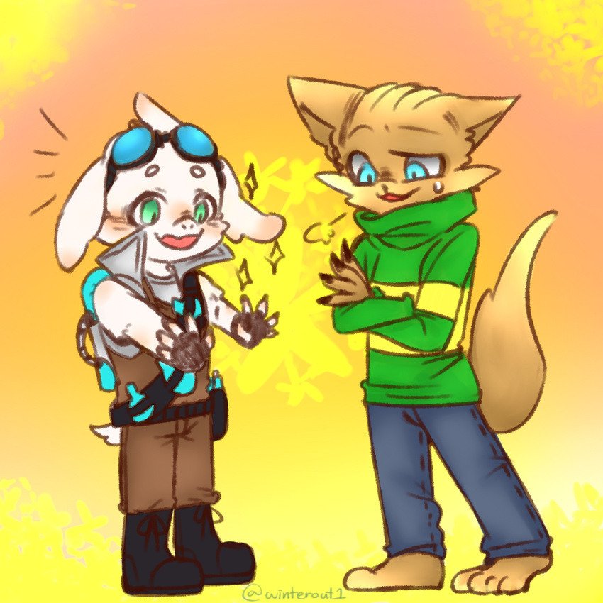 asriel_dreemurr backpack barefoot blue_eyes blush boots canine caprine clothes_swap clothing eyewear fennec flask footwear fox gloves goat goggles green_eyes jeans long_shirt male mammal paladins pants pip_(paladins) undertale video_games winterout1