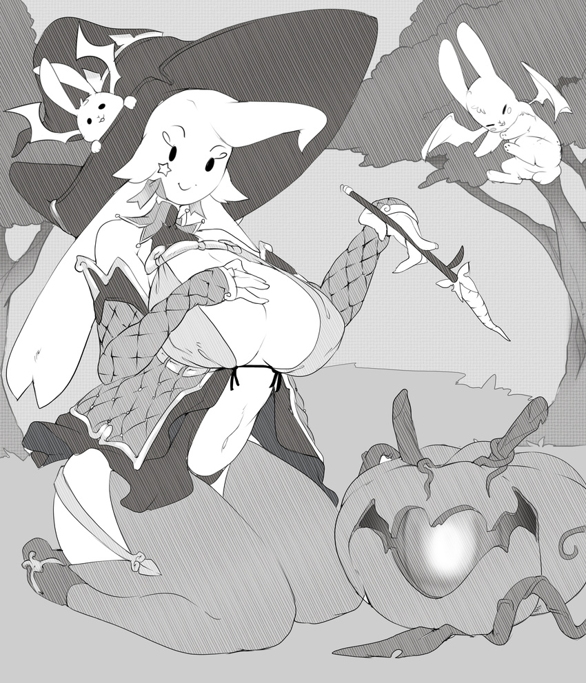 anthro big_breasts breasts clothed clothing female feral group hat hi_res kneeling lagomorph looking_at_viewer magic mammal monochrome nite rabbit smile witch_hat