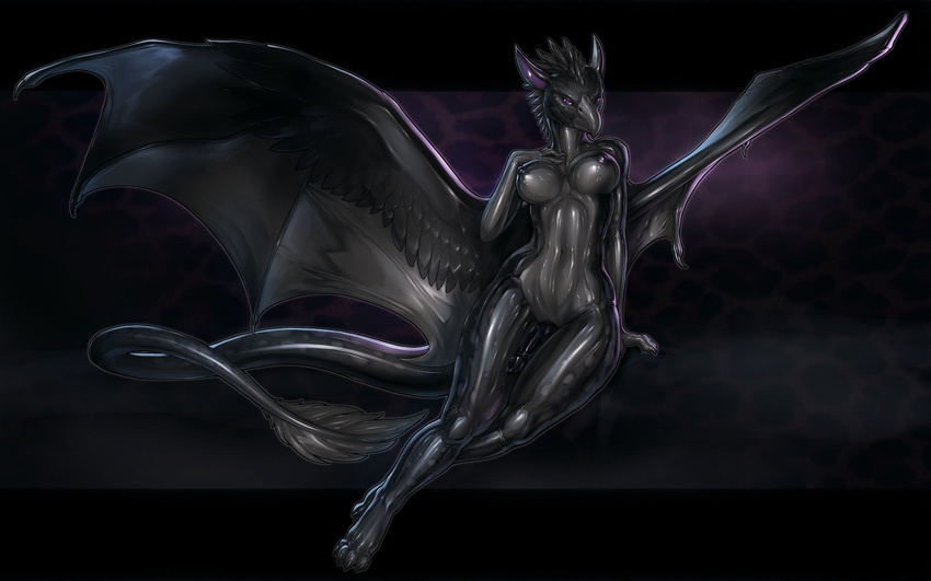 anthro avian breasts dickgirl dragon gryphon horn hybrid intersex knot looking_at_viewer nipples nude rakisha rubber solo wings