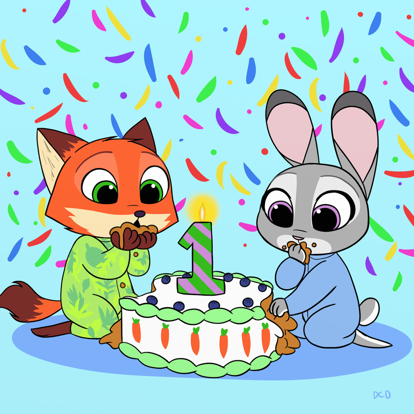 2017 anthro blue_background blueberry_(fruit) cake candle canine carrot clothed clothing confetti cute dipstick_ears dipstick_tail disney duo eating female food fox fruit fur green_eyes grey_fur hi_res judy_hopps lagomorph male mammal multicolored_tail nick_wilde orange_fur pajamas purple_eyes rabbit simple_background skeletonguys-and-ragdolls vegetable zootopia
