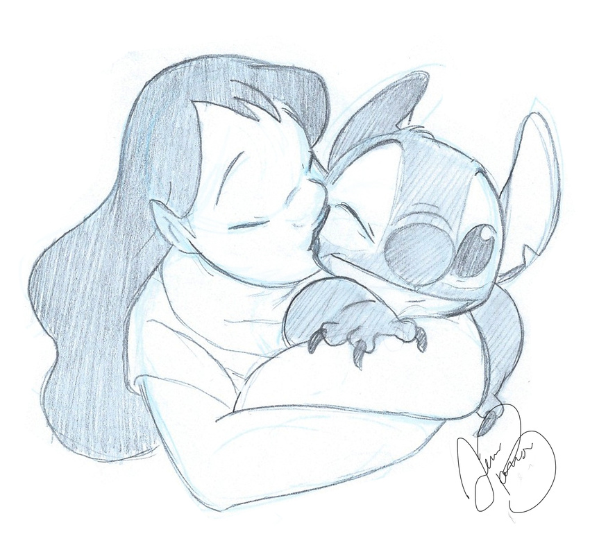 2014 absurd_res alien claws disney duo experiment_(species) eyes_closed fur hair head_tuft hi_res holding_character hug jackfreak1994 kissing lilo_and_stitch long_hair nani_pelekai notched_ear one_eye_closed pencil_(artwork) signature simple_background smile stitch traditional_media_(artwork) tuft upscale white_background