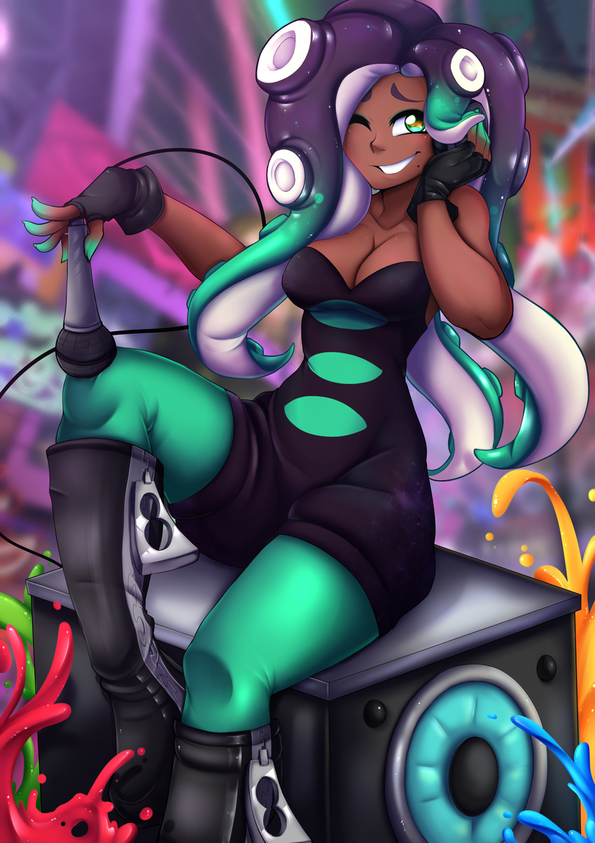 2017 absurd_res boots breasts cephalopod cleavage clothed clothing dark_skin female fingerless_gloves footwear gloves hi_res humanoid looking_at_viewer marina_(splatoon) marine microphone nintendo not_furry octoling one_eye_closed rainbowscreen smile solo speaker splatoon tentacle_hair tentacles video_games wink