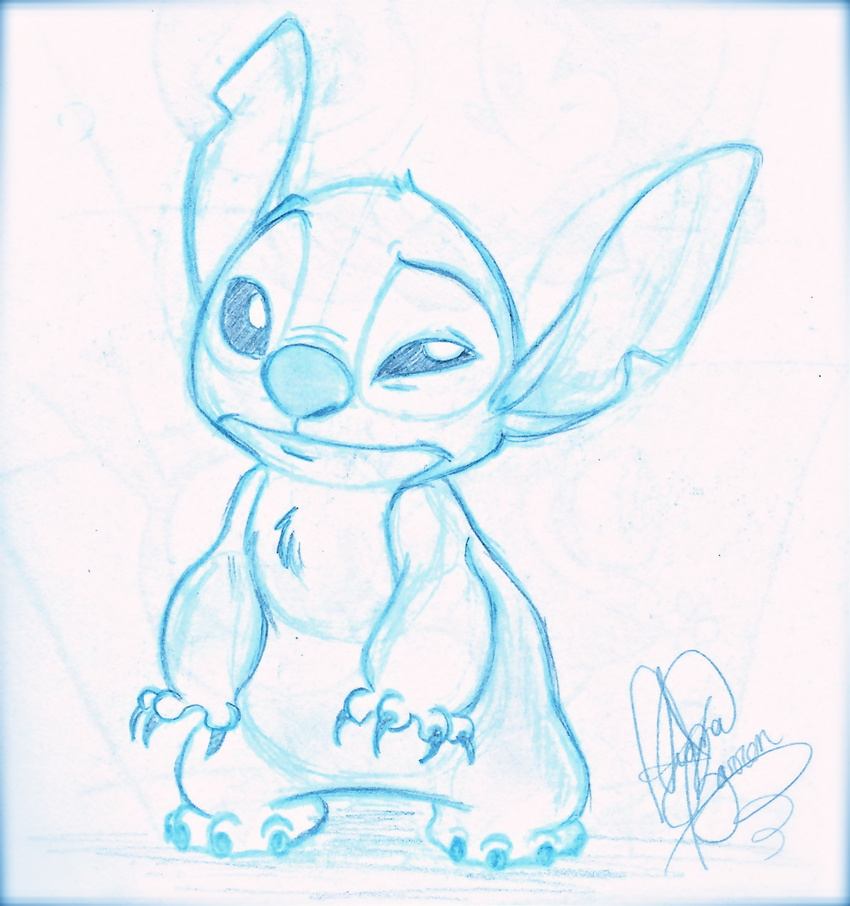 2013 4_fingers 4_toes alien blue_and_white chest_tuft claws disney experiment_(species) head_tuft hi_res jackfreak1994 lilo_and_stitch looking_at_viewer monochrome notched_ear signature simple_background sketch solo standing stitch toes tuft white_background