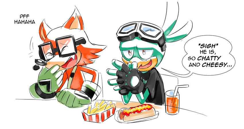 avian beverage bird brown_eyes canine clothing drawlala eyes_closed eyewear fan_character fangs fingerless_gloves food fries fur glasses gloves goggles green_body hot_dog laugh male mammal orange_juice red_fur shirt simple_background sonic_(series) sonic_forces text wolf