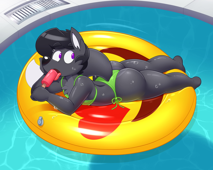 2017 acstlu anthro big_butt bikini black_hair bubble_butt butt canine clothed clothing food fox fur girly green_bikini grey_fur hair inflatable licking male mammal midriff multicolored_fur open_mouth phurcy pool_toy popsicle purple_eyes side-tie_bikini skimpy solo string_bikini swim_ring swimming_pool swimsuit thick_thighs tongue tongue_out two_tone_fur voluptuous water wet wide_hips