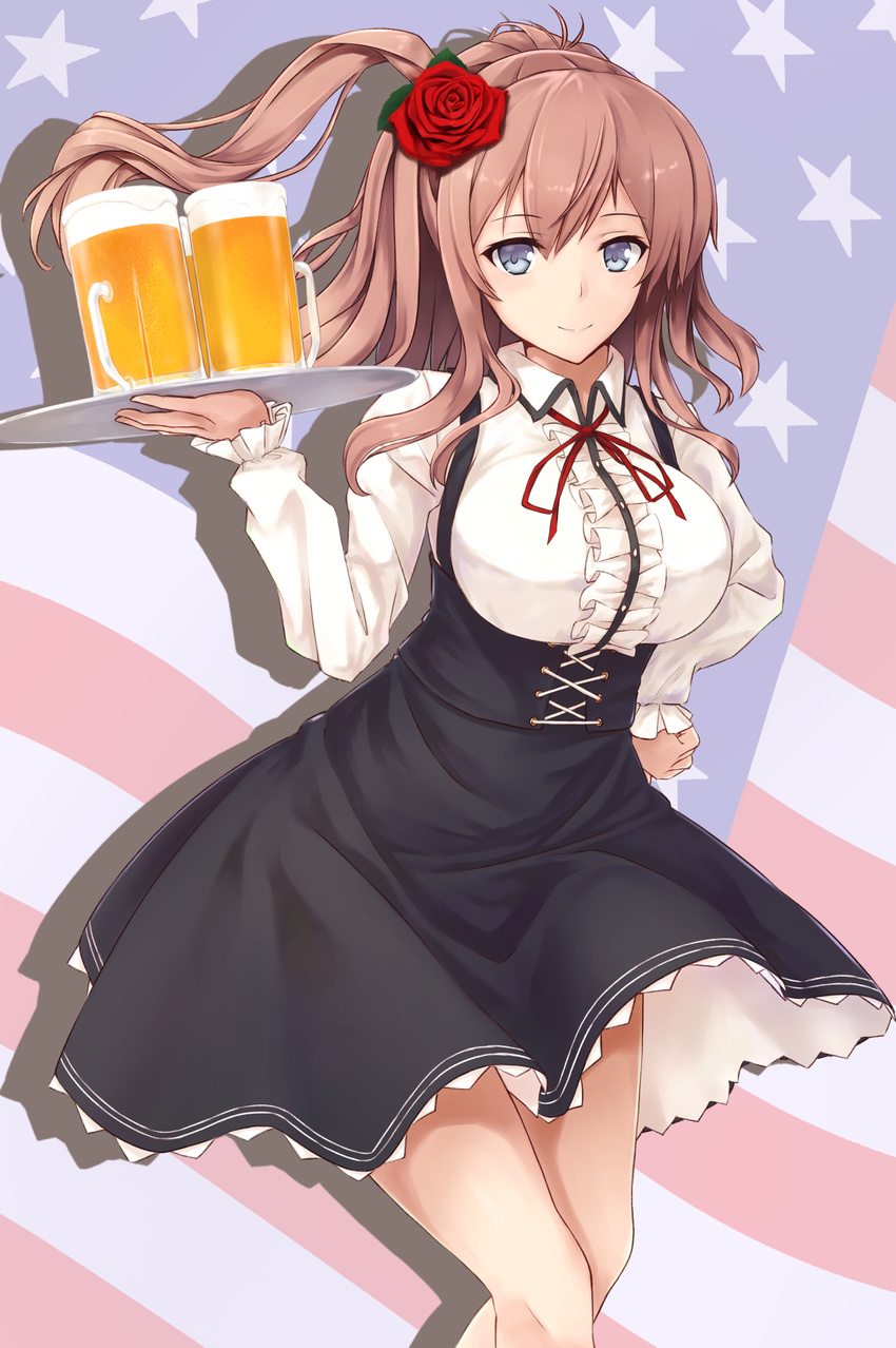 alcohol alternate_costume american_flag beer blue_eyes blush breasts brown_hair dress enchuu flag_background highres kantai_collection large_breasts long_hair long_sleeves looking_at_viewer meme_attire oktoberfest saratoga_(kantai_collection) side_ponytail smile solo tray virgin_killer_outfit