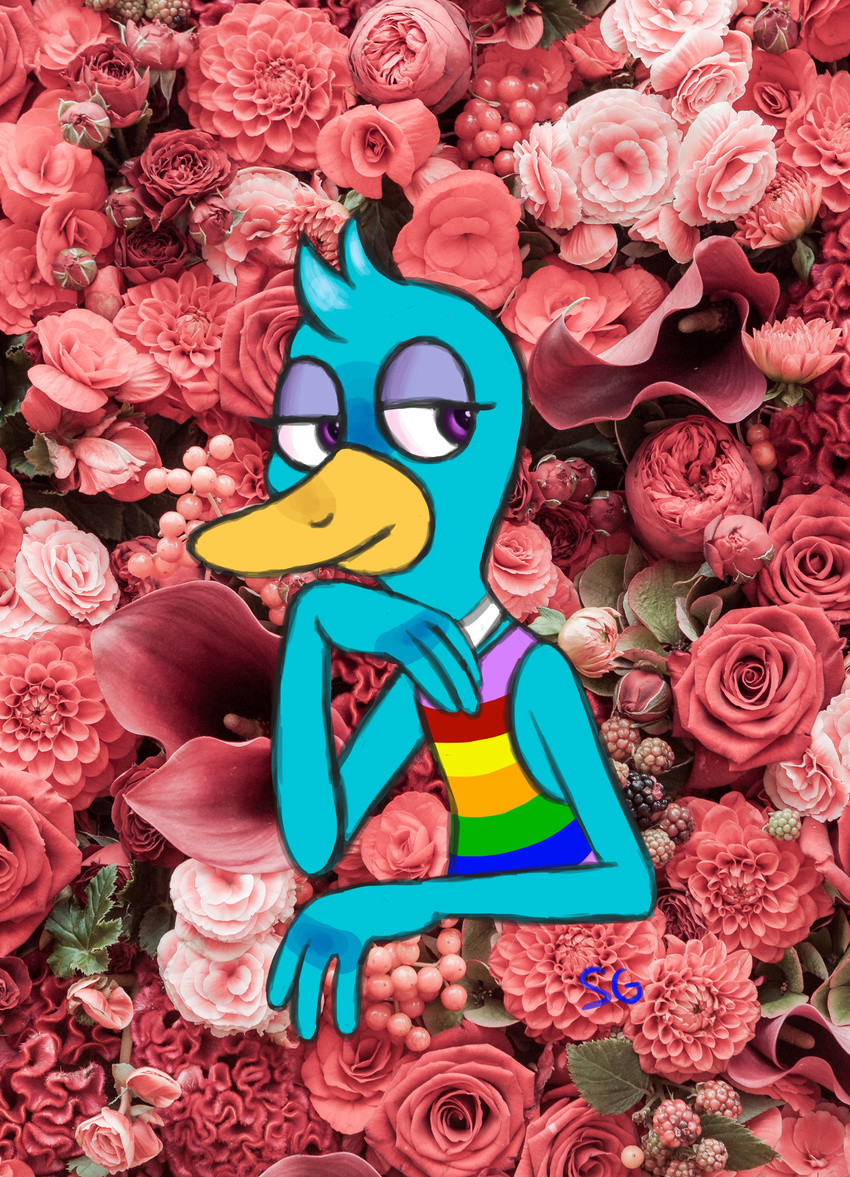 2017 3_fingers anthro avian beak biped bird blue_body clothing digital_drawing_(artwork) digital_media_(artwork) duck eyelashes flower garrett-strangelove girly half-closed_eyes half-length_portrait head_tuft humanoid_hands looking_away male photo_background pink_theme plant portrait purple_eyes queer_duck_(character) queer_duck_(series) rainbow_symbol raised_arm shirt smile solo yellow_beak