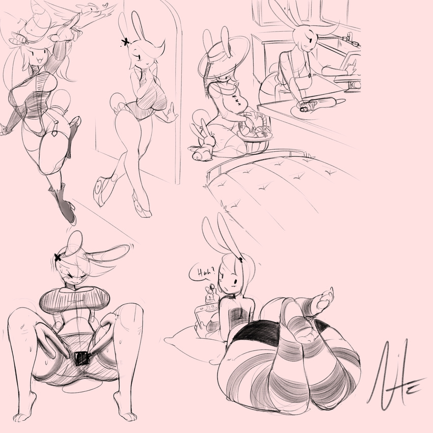 anthro breasts clothed clothing female hi_res lagomorph mammal monochrome multiple_images nite rabbit sketch_page slightly_chubby sweat swimsuit thick_thighs