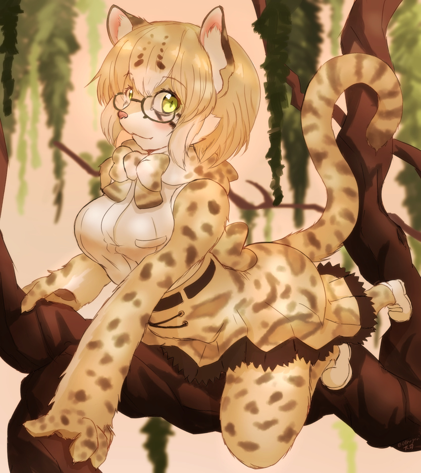 alternate_species anthro anthrofied blonde_hair blush bow_tie breasts clothed clothing daiha eyewear feline female footwear fur glasses green_eyes hair kemono_friends leaves legwear mammal margay margay_(kemono_friends) shirt shoes short_hair skirt slit_pupils solo spots spotted_fur spotted_tail tights tree