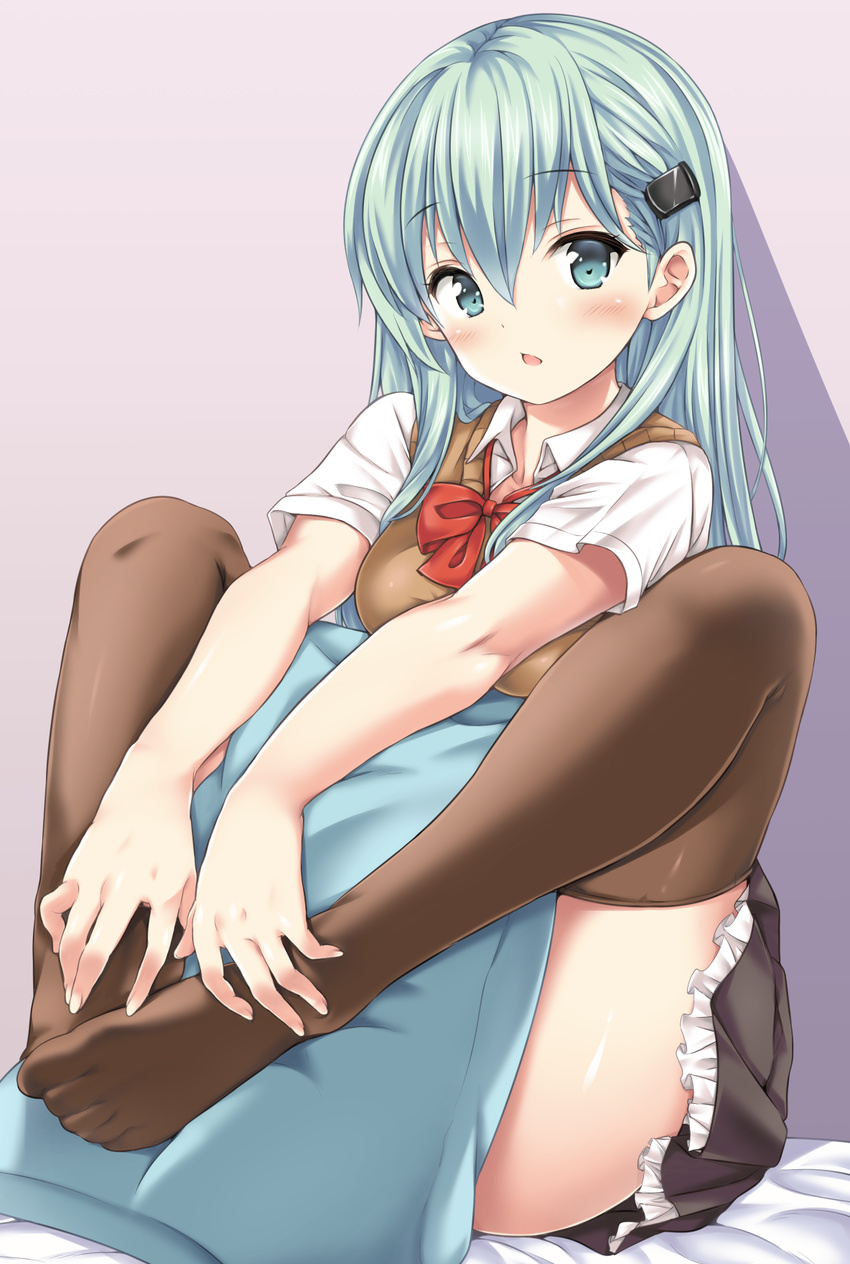 aqua_eyes aqua_hair blush bow bowtie breasts brown_legwear brown_skirt brown_vest chestnut_mouth feet frilled_skirt frills hair_ornament hairclip hands_on_feet highres kantai_collection leg_lift long_hair looking_at_viewer medium_breasts nijimoto_hirok no_shoes open_mouth pillow plantar_flexion pleated_skirt purple_background red_bow red_neckwear remodel_(kantai_collection) shirt skirt solo suzuya_(kantai_collection) sweater_vest vest white_shirt