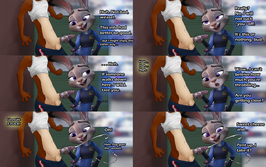 &lt;3 &lt;3_eyes 2017 alley anthro back_alley balls claws clothed clothing comic cum cum_string cumshot dialogue disney duke_weaselton duo ejaculation english_text erection eye_roll female fur handjob humanoid_penis judy_hopps lagomorph male male/female mammal mrponeswildride mustelid open_mouth orgasm outside penis purple_eyes rabbit sex simple_background smile speech_bubble standing text zootopia