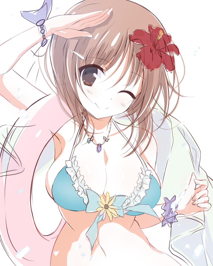 ;) arm_up bangs bikini blue_bikini bow_bikini bracelet breasts brown_eyes brown_hair carrying cleavage closed_mouth commentary_request flower flower_request frilled_bikini frills getsumen_suibaku_ver._a(c) girls_und_panzer hair_flower hair_ornament hairclip highres innertube jewelry looking_at_viewer medium_breasts navel necklace nishizumi_miho one_eye_closed salute short_hair sketch smile solo standing swimsuit white_background wristband