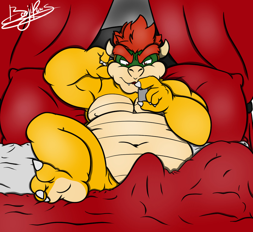 2017 3_toes bed bedding belly benjipaws big_belly bowser bulge convenient_censorship erection feet hair koopa lying male mario_bros nintendo overweight phone pillow red_hair scalie signature solo toes video_games
