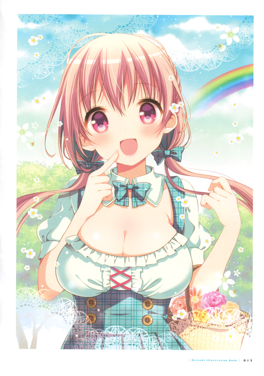 :d absurdres aqua_bow aqua_dress basket blush bow breasts cleavage cloud day detached_collar dress finger_to_cheek flower flower_basket hair_bow highres hinako_note lace_border large_breasts light_brown_hair long_hair looking_at_viewer low_twintails march-bunny open_mouth page_number pink_eyes plaid plaid_bow plaid_dress puffy_short_sleeves puffy_sleeves rainbow sakuragi_hinako scan short_sleeves sky smile solo tree twintails underbust