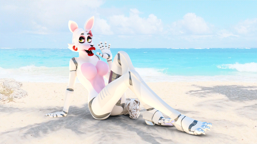 3d_(artwork) animatronic anthro beach breasts canine claws digital_media_(artwork) disembowell_(artist) featureless_breasts female five_nights_at_freddy's five_nights_at_freddy's_2 fox funtime_foxy_(fnaf) hair lips lipstick looking_at_viewer machine makeup mammal mangle_(fnaf) nude open_mouth outside robot sand seaside sitting solo teeth toe_claws video_games water waving white_body white_hair yellow_eyes
